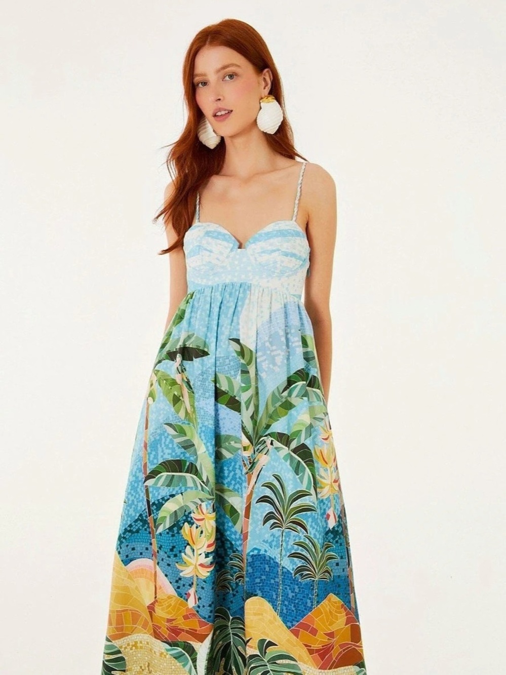 Farm Rio Mosaic Sweetheart Neck Maxi Dress Blue & Green